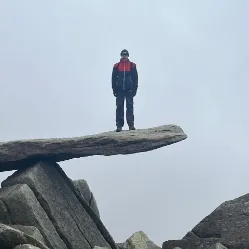 PIcture of a boy standing on a rock looking very high up, from a distance
