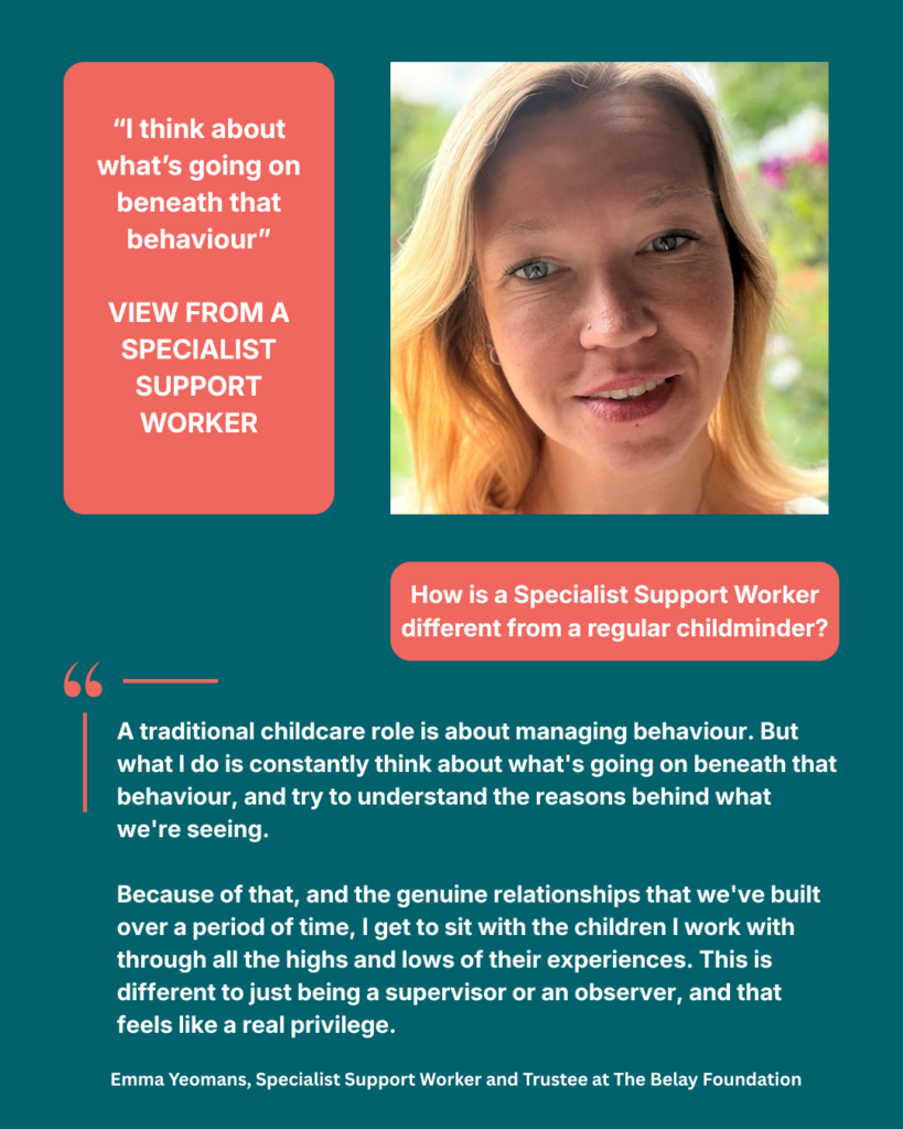 Picture of a smiling cheerful woman with a quotation about the support specialist support workers provide