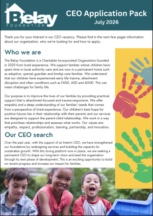 Graphic of the first page of a pack of information, with graphics of children and handprints, and content from the pack itself, with the Belay logo, heading of job